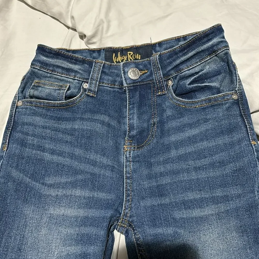 Indigo Rein 7 denim blue jean adjustable waist flare bell bottom distressed nwot